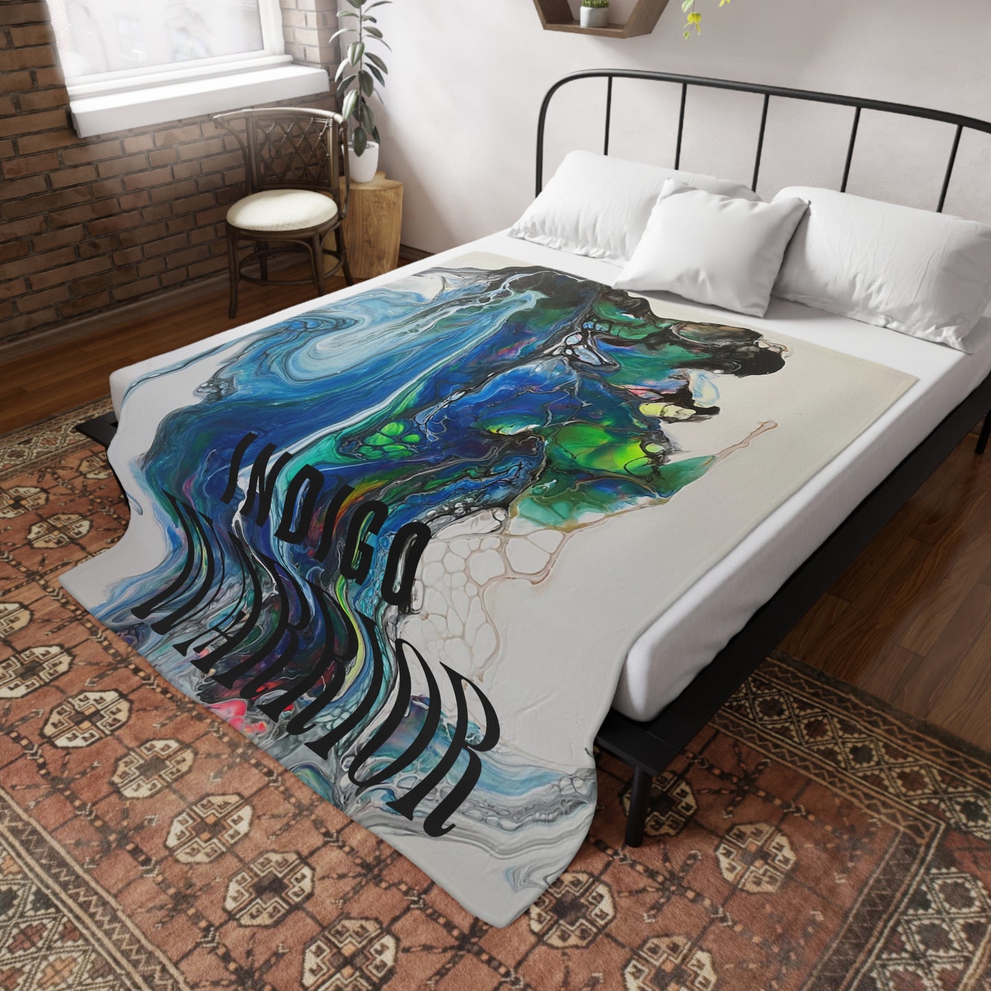 Fleece Blanket - Vibrant Blues & Green Fluid Art, Velvet Indigo Warrior
