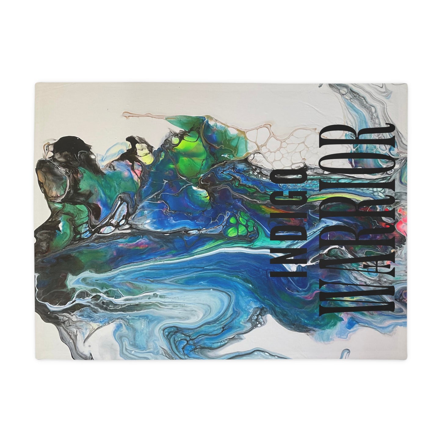 Fleece Blanket - Vibrant Blues & Green Fluid Art, Velvet Indigo Warrior