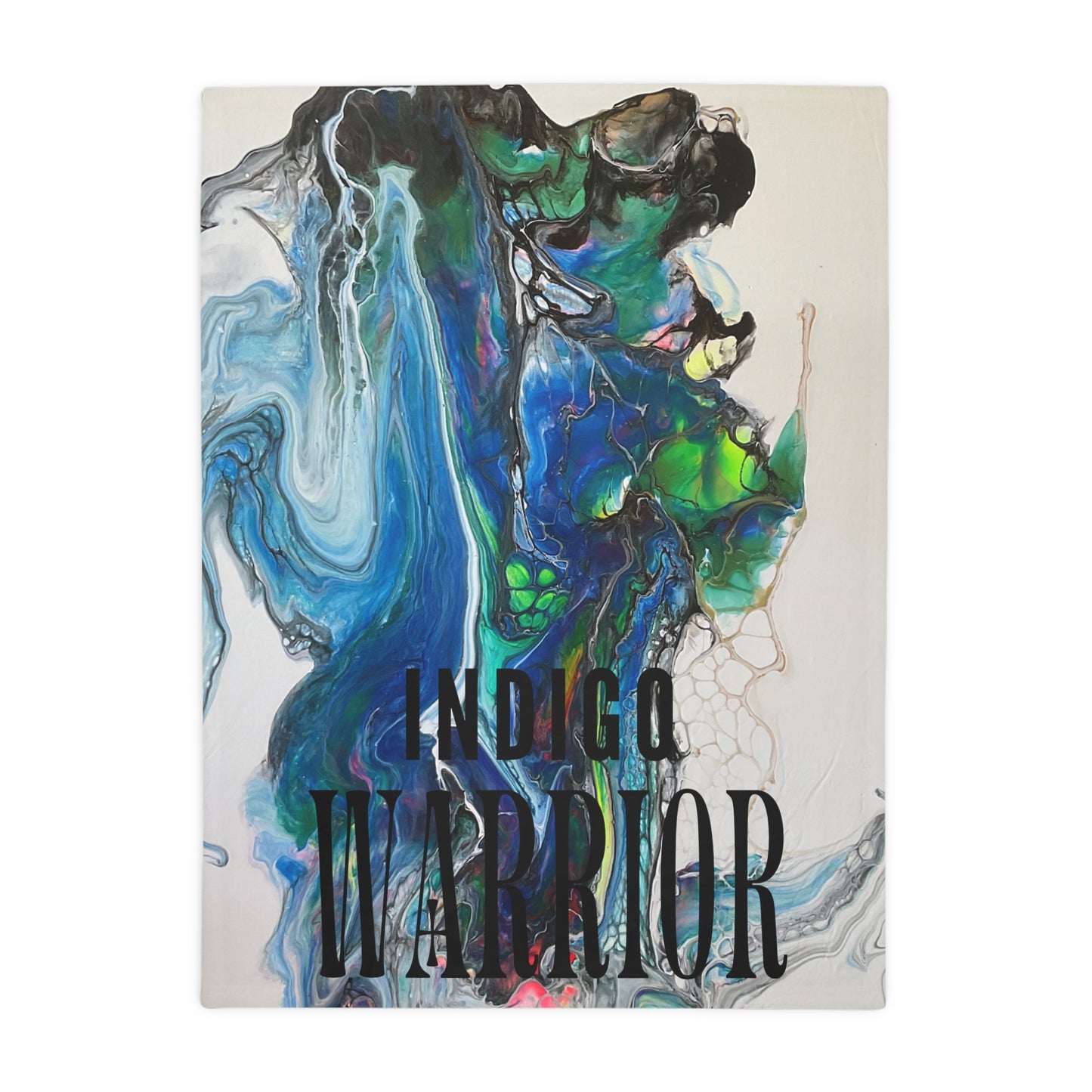 Fleece Blanket - Vibrant Blues & Green Fluid Art, Velvet Indigo Warrior