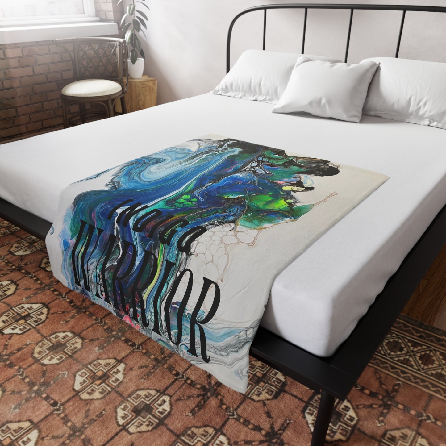 Fleece Blanket - Vibrant Blues & Green Fluid Art, Velvet Indigo Warrior