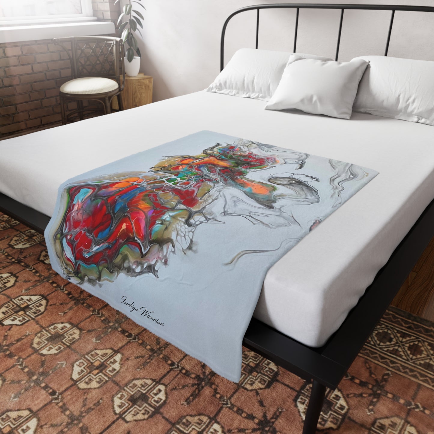 Plush Fleece Blanket - 'Miss Hippo' Fluid Art Orange and Red Velvet