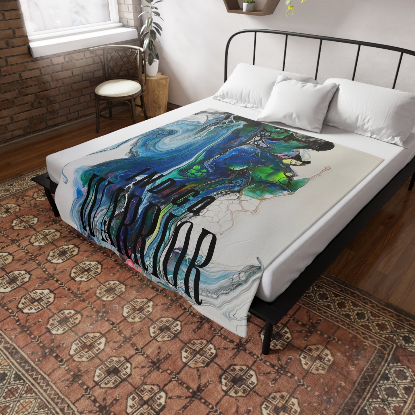 Fleece Blanket - Vibrant Blues & Green Fluid Art, Velvet Indigo Warrior