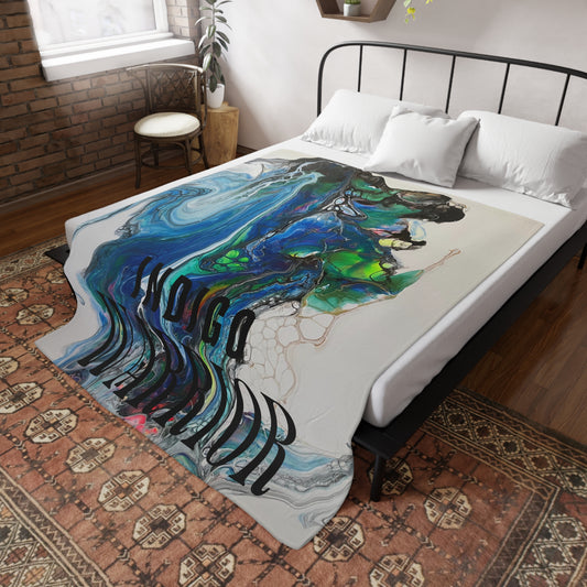 Fleece Blanket - Vibrant Blues & Green Fluid Art, Velvet Indigo Warrior