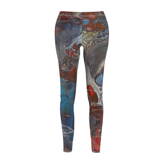 Leggings Dark Red Grey Blue Fluid Art Print Women's